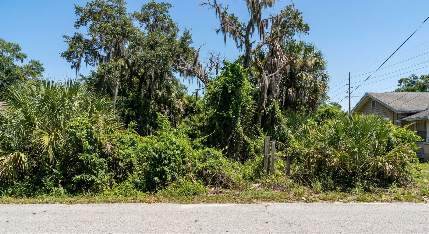 Before — overgrown residential lot in Tampa FL
